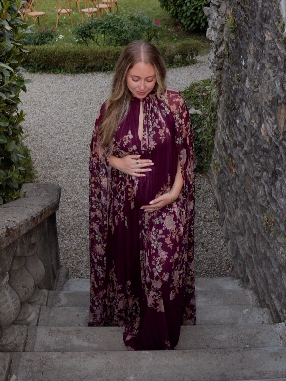 Plum Floral Savi Pleated Cape Gown
